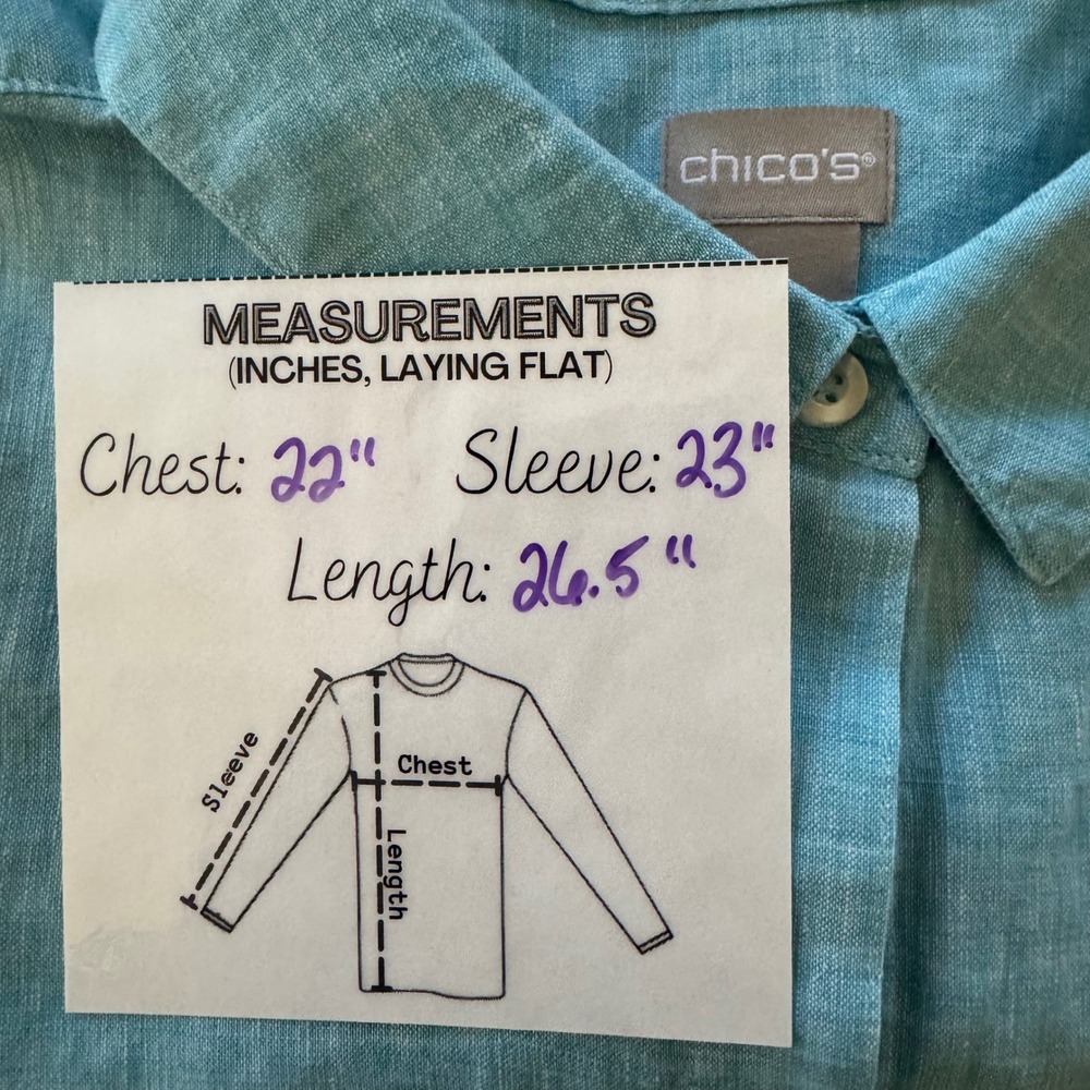 Chico's Womens‎ 2 12/14 Shirt 100% Linen Button Down Roll Tab Sleeves Aqua Blue - Picture 2 of 5